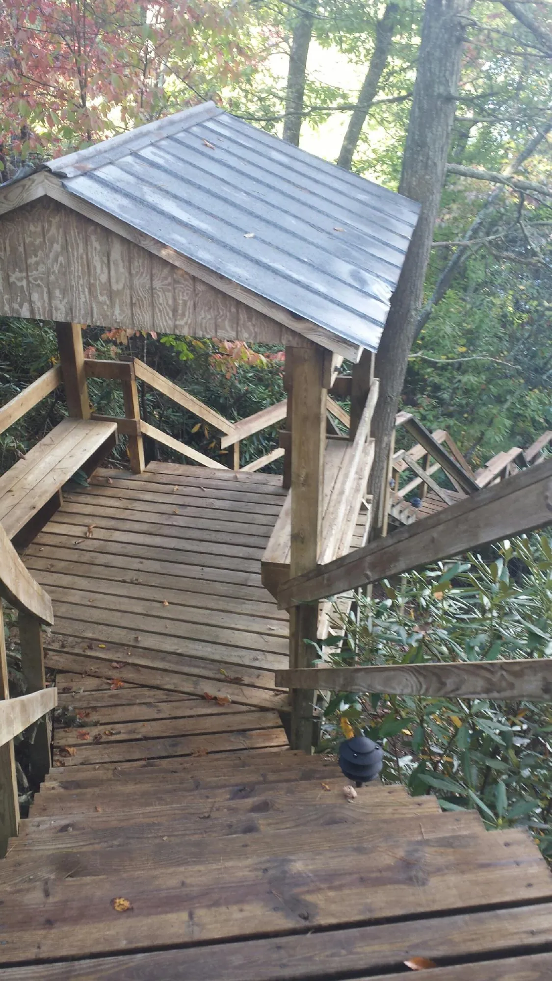 Metal roofed shelter over wooden steps on a wooded walkway — Skylight Repair & Installation work by our crew in Divide